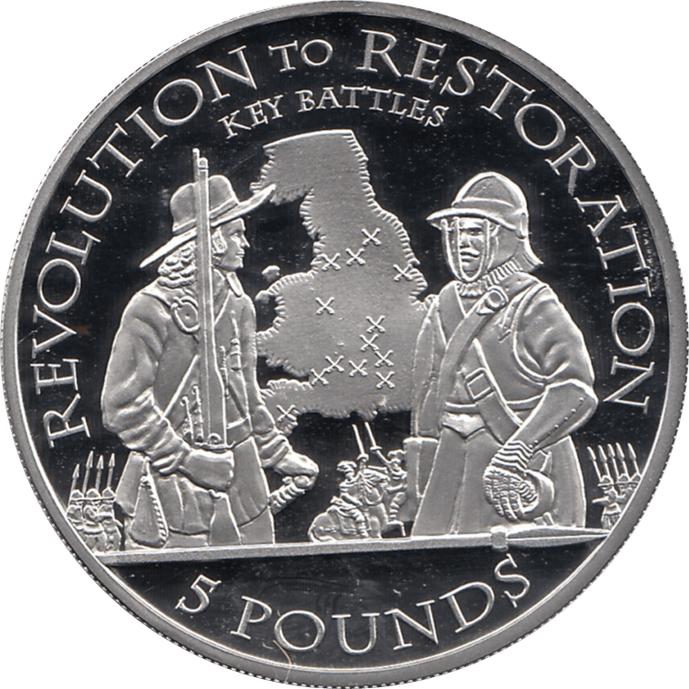 2010 SILVER PROOF FIVE POUND REVOLUTION TO RESTORATION KEY BATTLES REF 4 - SILVER PROOF COMMEMORATIVE - Cambridgeshire Coins