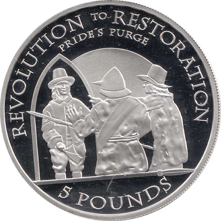 2010 SILVER PROOF FIVE POUND REVOLUTION TO RESTORATION NEW PRIDES PURGE REF 6 - SILVER PROOF COMMEMORATIVE - Cambridgeshire Coins