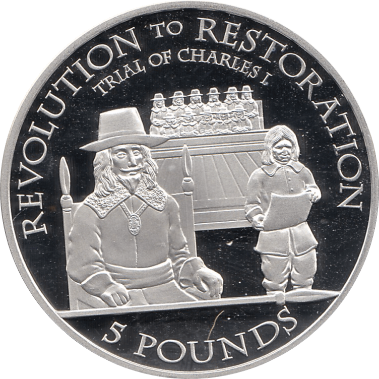 2010 SILVER PROOF FIVE POUND REVOLUTION TO RESTORATION TRIAL OF CHARLES I REF 7 - SILVER PROOF COMMEMORATIVE - Cambridgeshire Coins