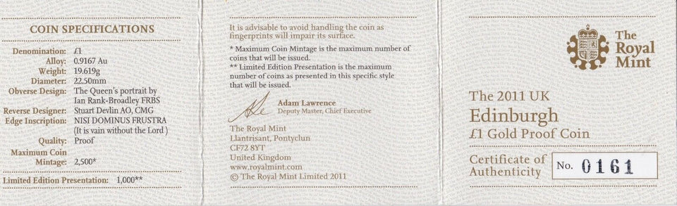 2011 GOLD PROOF £1 EDINBURGH CITY COIN SCRACE 1000 MINTED BOX AND COA ROYAL MINT - Gold Proof £1 - Cambridgeshire Coins