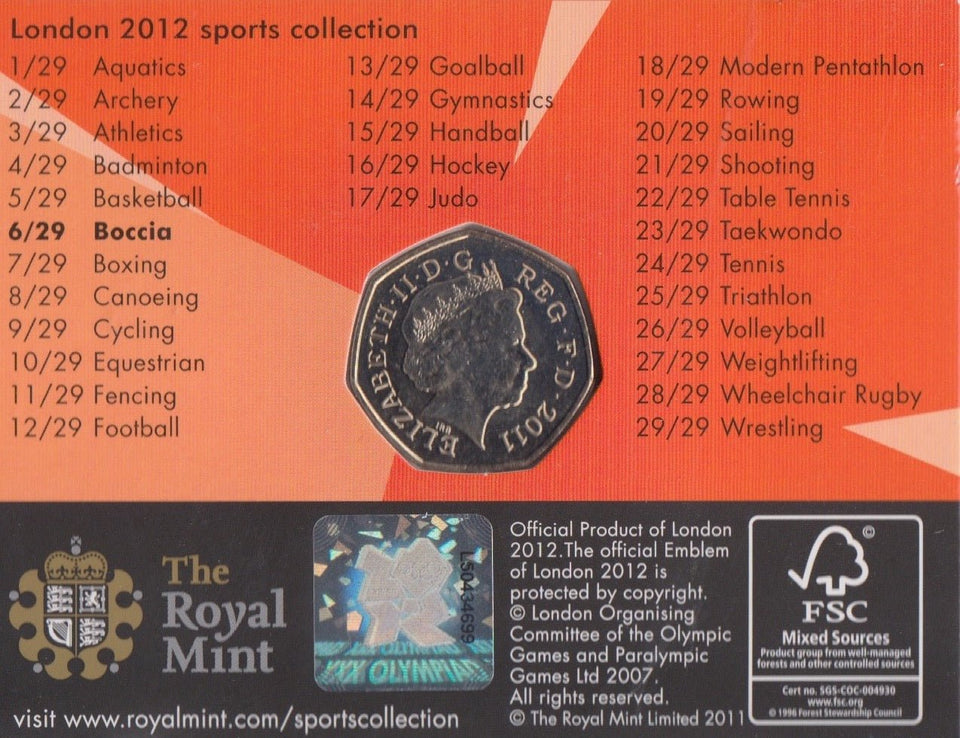 2011 Royal Mint London 2012 Olympic 50p Sports Collection Pack BU Album Boccia - 50p Olympic BU Pack - Cambridgeshire Coins
