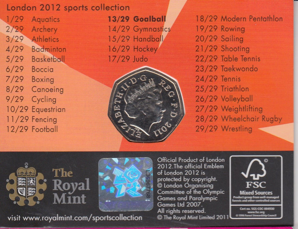 2011 Royal Mint London 2012 Olympic 50p Sports Collection Pack BU Album Goal Ball - 50p Olympic BU Pack - Cambridgeshire Coins
