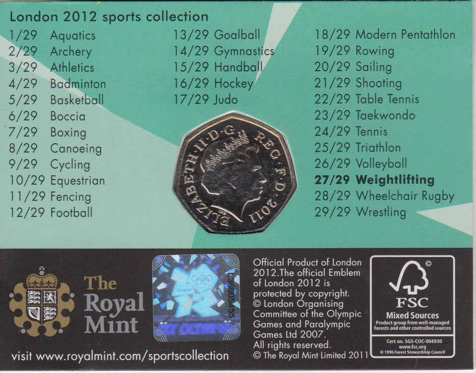 2011 Royal Mint London 2012 Olympic 50p Sports Collection Pack BU Album Weightlifting - 50p Olympic BU Pack - Cambridgeshire Coins