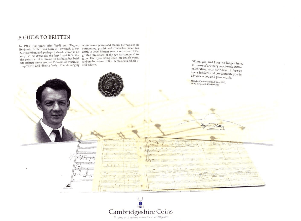 2013 Brilliant Uncirculated Benjamin Britten 50p Coin Pack Sealed Royal Mint - 50p BU Pack - Cambridgeshire Coins
