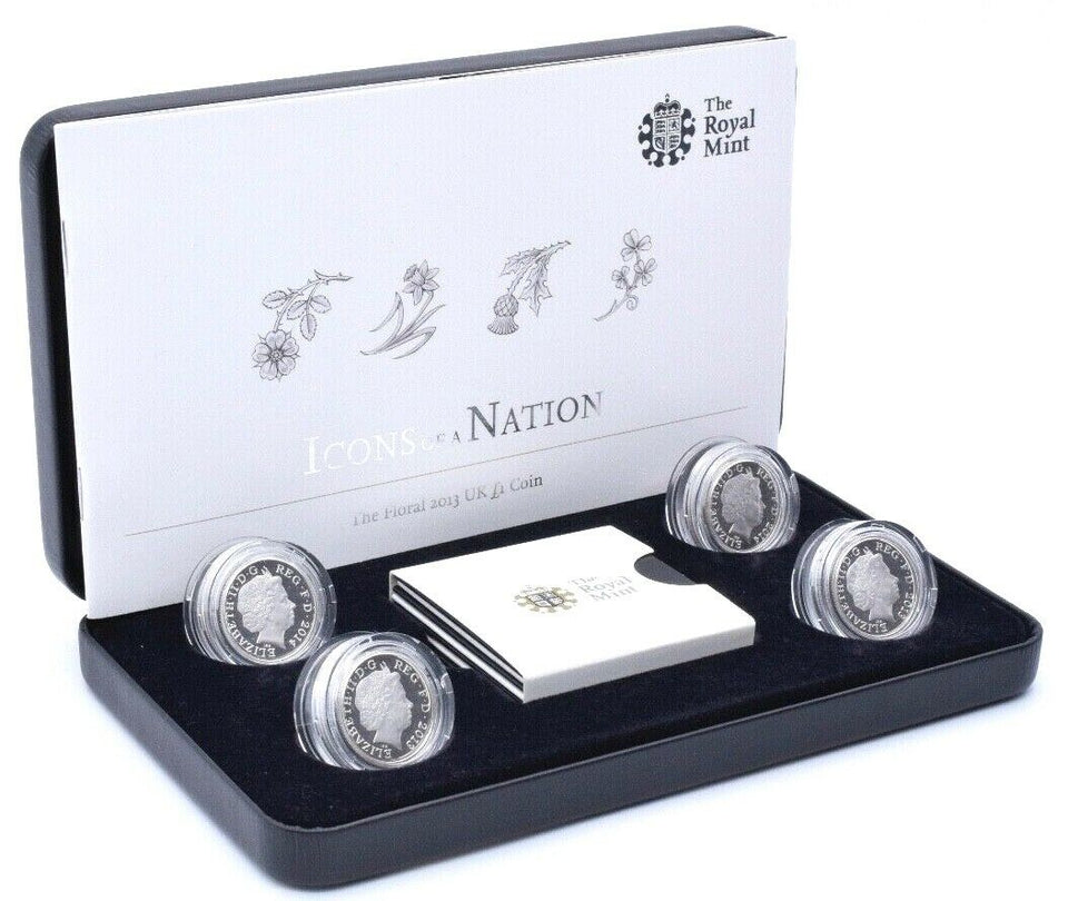 2013 Silver Piedfort Proof Floral £1 Four Coin Set Royal Mint BOX + COA - Silver Proof Piedfort - Cambridgeshire Coins