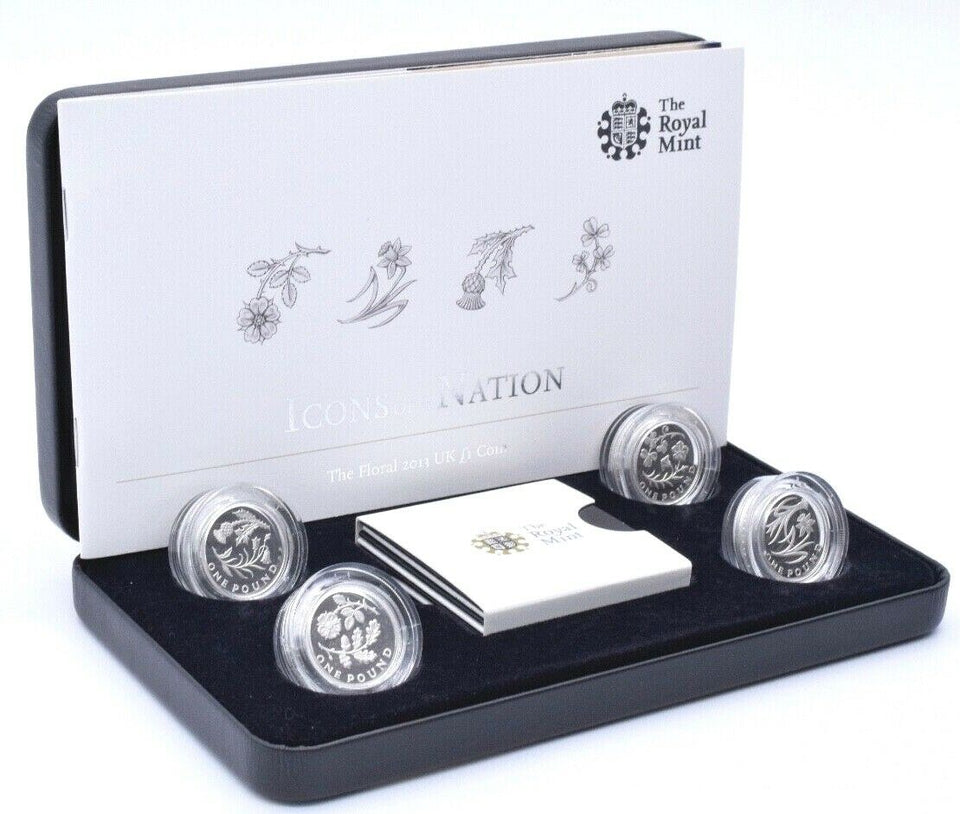 2013 Silver Piedfort Proof Floral £1 Four Coin Set Royal Mint BOX + COA - Silver Proof Piedfort - Cambridgeshire Coins