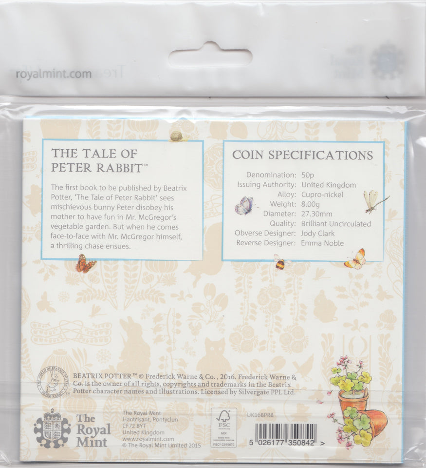 2016 BRILLIANT UNCIRCULATED 50P COIN BEATRIX POTTER PETER RABBIT SEALED - 50p BU Pack - Cambridgeshire Coins