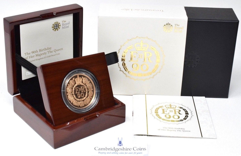 2016 Gold Proof 22ct £5 Coin Crown Queens 90th Birthday BOX + COA Royal Mint - £5 Gold Proof - Cambridgeshire Coins