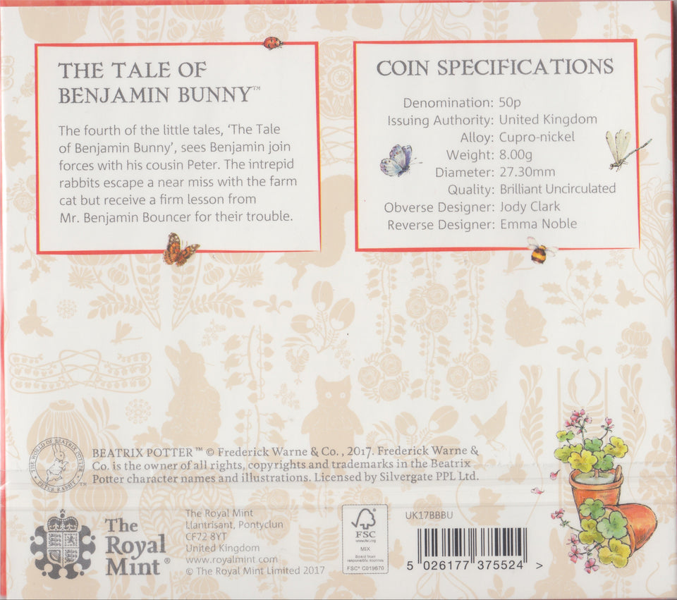 2017 BRILLIANT UNCIRCULATED 50P COIN BENJAMIN BUNNY SEALED - Beatrix Potter - Cambridgeshire Coins