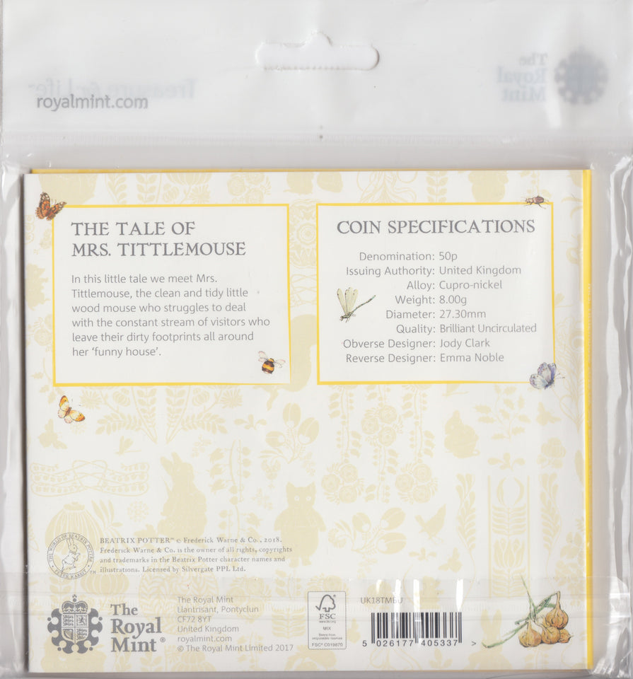 2018 BRILLIANT UNCIRCULATED 50P COIN BEATRIX POTTER MRS TITTLEMOUSE SEALED - Beatrix Potter - Cambridgeshire Coins