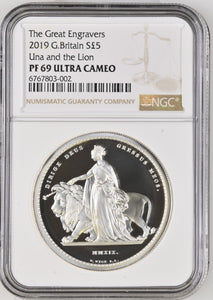2019 £5 SILVER PROOF TWO OUNCE UNA AND THE LION (NGC) PF69 ULTRA CAMEO 02 - NGC CERTIFIED COINS - Cambridgeshire Coins