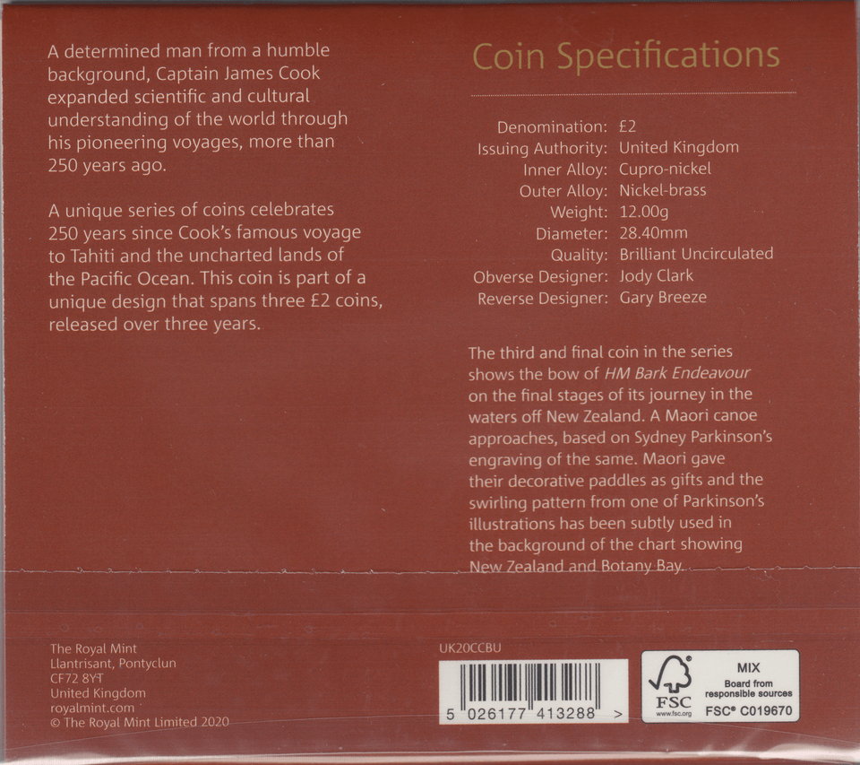 2020 Captain Cook £2 Brilliant Uncirculated Coin 250th Anniversary Pack BU - £2 BU PACK - Cambridgeshire Coins