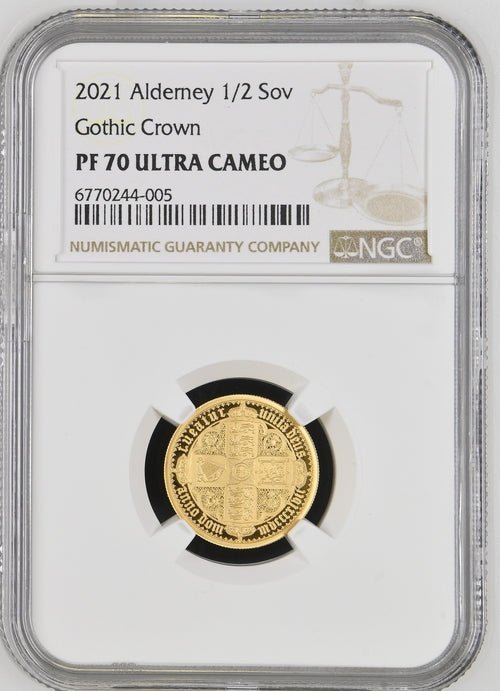 2021 GOLD PROOF ALDERNEY GOTHIC CROWN 1/2 SOVEREIGN (NGC) PF70 ULTRA CAMEO - NGC GOLD COINS - Cambridgeshire Coins