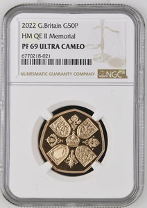2022 GOLD PROOF HM QE II MEMORIAL 50P (NGC) PF69 ULTRA CAMEO - NGC GOLD COINS - Cambridgeshire Coins