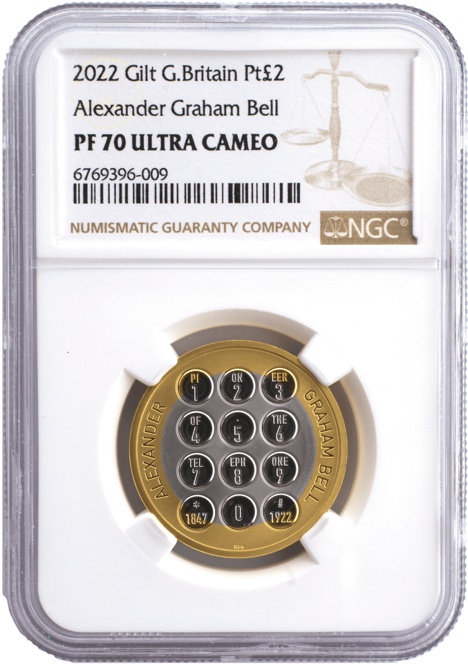 2022 PLATINUM PROOF £2 QUEEN ELIZABETH II GILT ALEXANDER GRAHAM BELL (NGC) PF70 ULTRA CAMEO - NGC CERTIFIED COINS - Cambridgeshire Coins