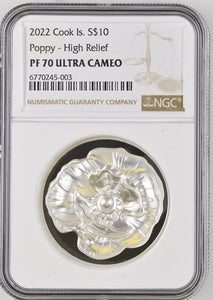 2022 SILVER PROOF COOK ISLAND S$10 POPPY HIGH RELIEF ( NGC ) PF70 ULTRA CAMEO - NGC SILVER COINS - Cambridgeshire Coins