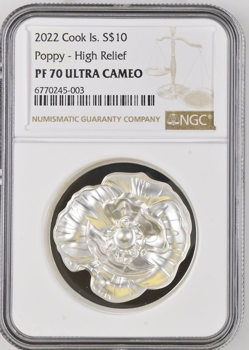 2022 SILVER PROOF COOK ISLAND S$10 POPPY HIGH RELIEF ( NGC ) PF70 ULTRA CAMEO - NGC SILVER COINS - Cambridgeshire Coins