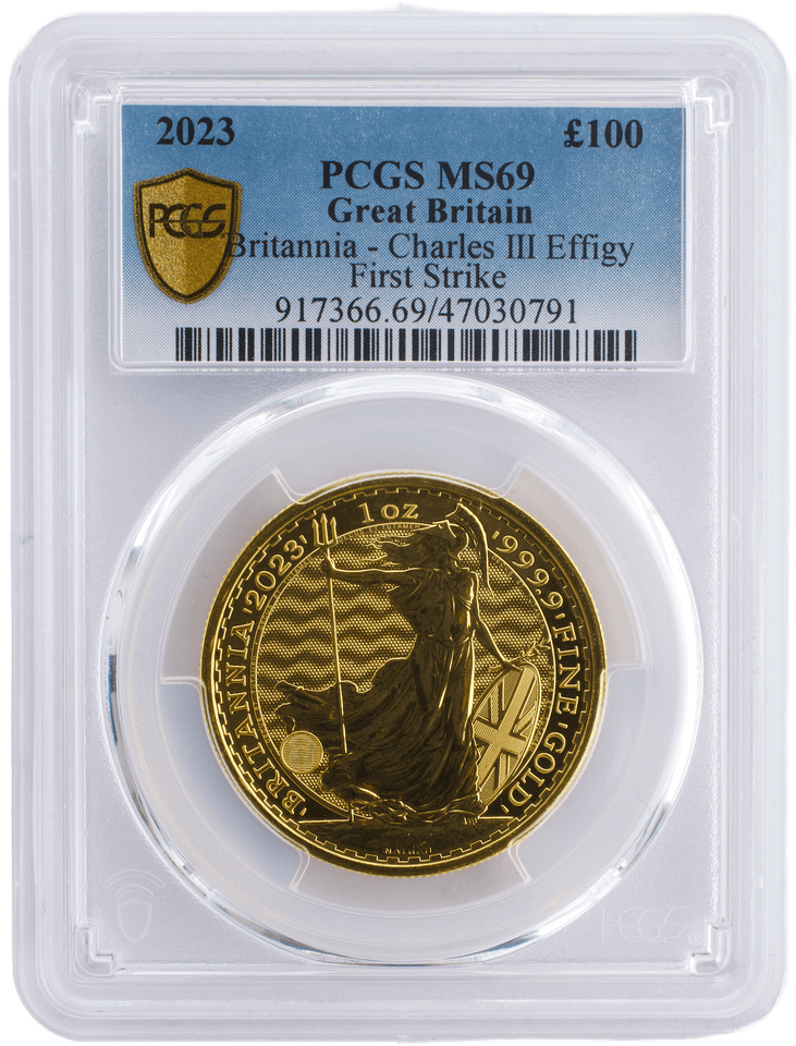 2023 GOLD PROOF BRITANNIA CHARLES III EFFIGY FIRST STRIKE PCGS MS69 - NGC CERTIFIED COINS - Cambridgeshire Coins