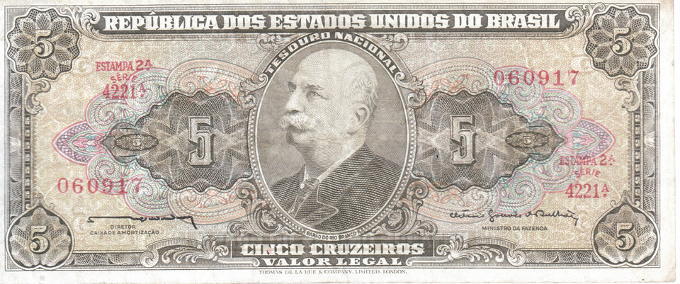 5 CRUZEIROS DOS ESTADOS UNIDOS DO BRASIL BRAZIL BANKNOTE REF 138 - WORLD BANKNOTES - Cambridgeshire Coins