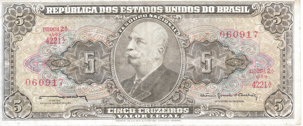 5 CRUZEIROS DOS ESTADOS UNIDOS DO BRASIL BRAZIL BANKNOTE REF 138 - WORLD BANKNOTES - Cambridgeshire Coins