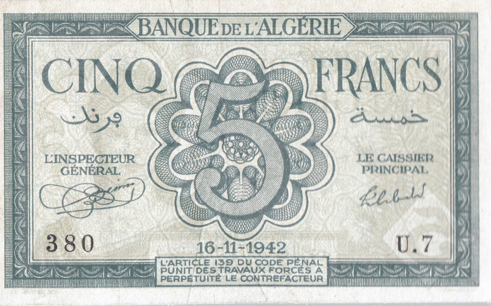 5 FRANCS BANQUE DE L'ALGERIE ALGERIAN BANKNOTE REF 7 - World Banknotes - Cambridgeshire Coins