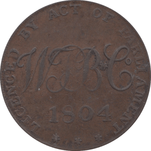 1804 PENNY TOKEN PAYABLE AT THE PAWNBROKERS OFFICE BISHOP ST ( REF 4 )