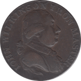 1793 HALFPENNY TOKEN WARWICKSHIRE MAN AT FORGE J.WILKENSON DH 416 ( REF 37 )