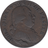 1793 HALFPENNY TOKEN WARWICKSHIRE MAN AT FORGE J.WILKENSON DH 411 A ( REF 40 )