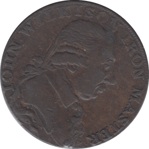 1798 HALFPENNY TOKEN WARWICKSHIRE VULCAN J.WILKINSON ( REF 54 )