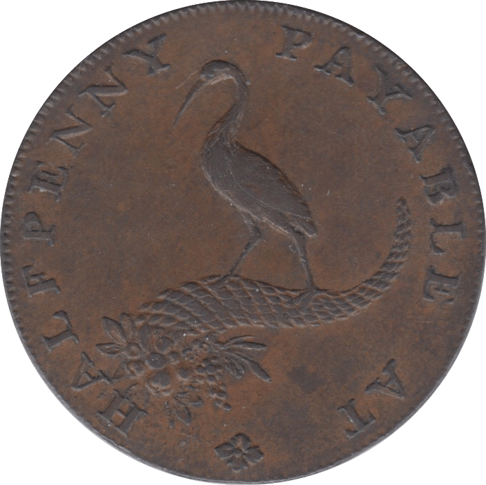 1792 HALFPENNY TOKEN WARWICKSHIRE STORK FEMALE FACE DH 85 ( REF 52 )