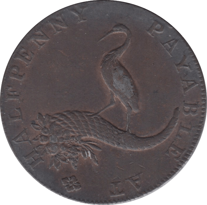 1792 HALFPENNY TOKEN WARWICKSHIRE STORK FEMALE FACE DH 91 ( REF 45 )