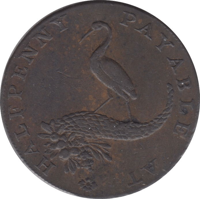 1792 HALFPENNY TOKEN WARWICKSHIRE STORK CORN FEMALE FACE DH 111 A R ( REF 59 )