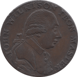 1793 HALFPENNY TOKEN WARWICKSHIRE MAN AT FORGE J.WILKINSON DH 459 ( REF 47 )