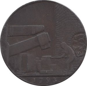 1793 HALFPENNY TOKEN WARWICKSHIRE MAN AT FORGE J.WILKENSON DH 416 ( REF 37 )