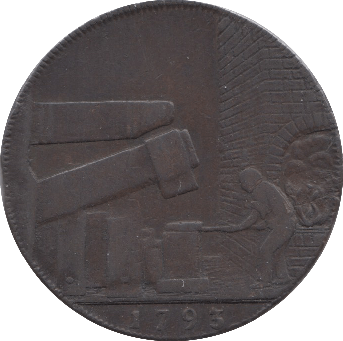 1793 HALFPENNY TOKEN WARWICKSHIRE MAN AT FORGE J.WILKENSON DH 416 ( REF 37 )
