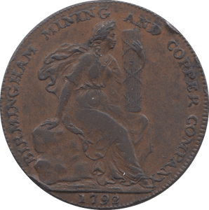 1792 HALFPENNY TOKEN WARWICKSHIRE STORK FEMALE FACE DH 85 ( REF 52 )