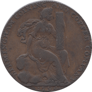 1794 HALFPENNY TOKEN WARWICKSHIRE STORK FEMALE FACE DH 74 ( REF 53 )