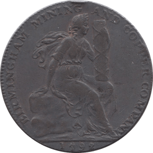 1792 HALFPENNY TOKEN WARWICKSHIRE STORK FEMALE FACE DH 91 ( REF 45 )