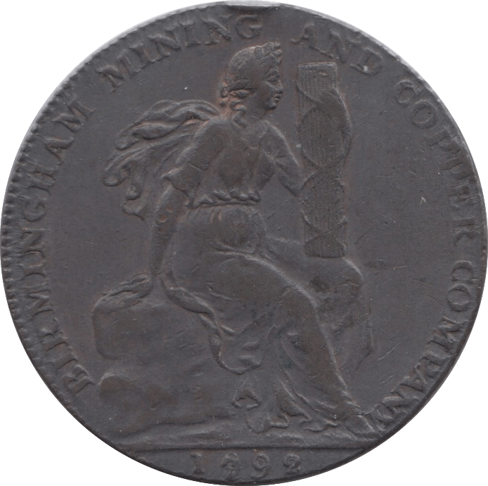 1792 HALFPENNY TOKEN WARWICKSHIRE STORK FEMALE FACE DH 91 ( REF 45 )