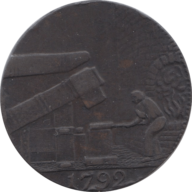 1792 HALFPENNY TOKEN WARWICKSHIRE MAN AT FORGE J.WILKENSON DH 390 ( REF 38 )