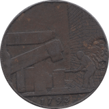 1793 HALFPENNY TOKEN WARWICKSHIRE MAN AT FORGE J.WILKENSON DH 411 A ( REF 40 )