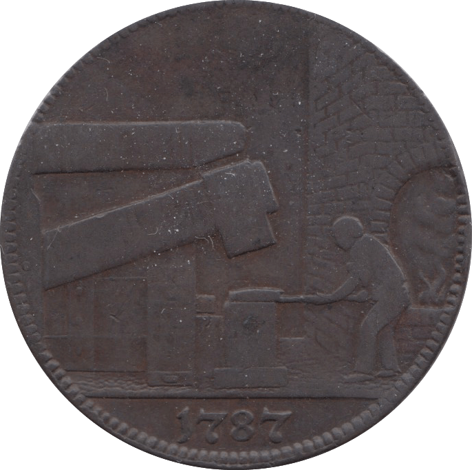 1787 HALFPENNY TOKEN WARWICKSHIRE MAN AT FORGE J.WILKENSON DH 353 ( REF 48 )