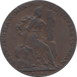 1792 HALFPENNY TOKEN WARWICKSHIRE STORK CORN FEMALE FACE DH 111 A R ( REF 59 )