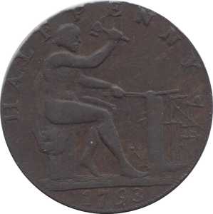 1798 HALFPENNY TOKEN WARWICKSHIRE VULCAN J.WILKINSON ( REF 54 )