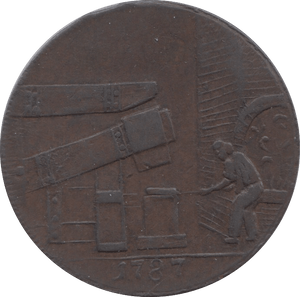 1787 HALFPENNY TOKEN WARWICKSHIRE MAN AT FORGE J.WILKENSON DH 149 ( REF 46 )
