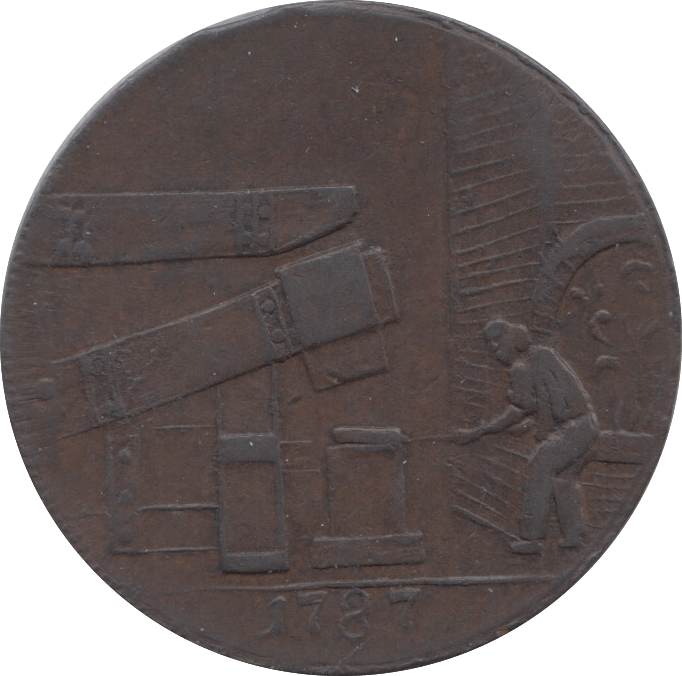 1787 HALFPENNY TOKEN WARWICKSHIRE MAN AT FORGE J.WILKENSON DH 149 ( REF 46 )