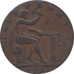 1793 HALFPENNY TOKEN WARWICKSHIRE MAN AT FORGE J.WILKINSON DH 459 ( REF 47 )