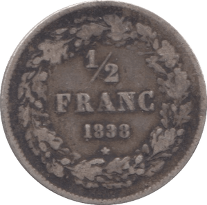 1838 1/2 FRANC BELGIUM - SILVER WORLD COINS - Cambridgeshire Coins