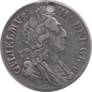 1697 SIXPENCE ( VF ) HOLED