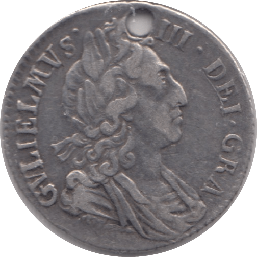1697 SIXPENCE ( VF ) HOLED